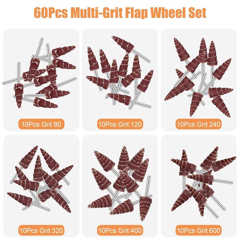 TSV 60Pcs Cone Shape Abrasive Flap Wheels, 1/8" Round Shank Flap Wheel Sander for Drill, 80/120/240/320/400/600 Grits Sandpaper Grinding Head for Groove, Corner Polishing - Image 2